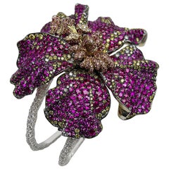 Fabergé Hibiscus Gold & Silver Flower Cuff Bracelet W/ Rubies, US Clients