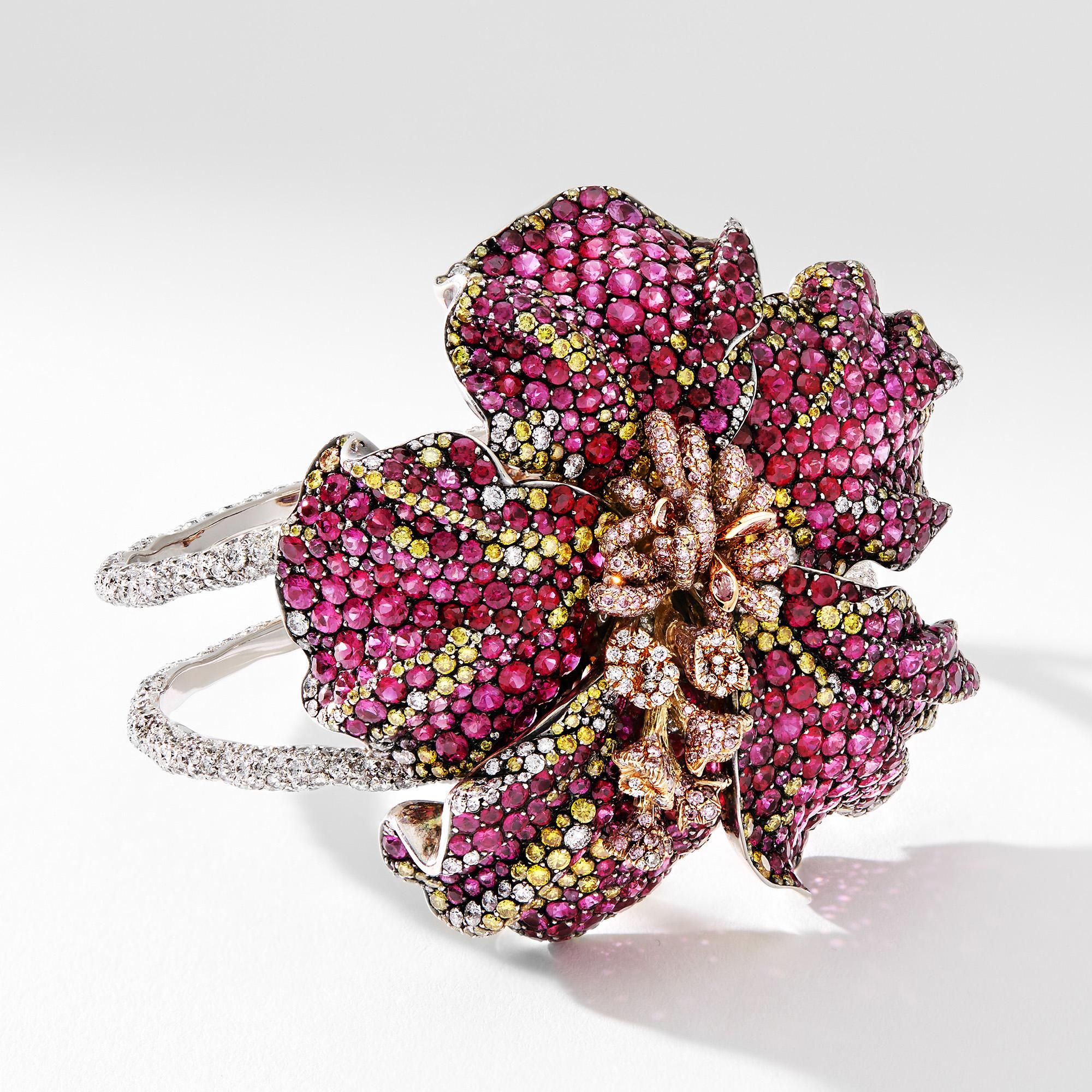 Fabergé Hibiscus Gold & Silver Flower Cuff Bracelet With Rubies & Diamonds In New Condition For Sale In London, GB