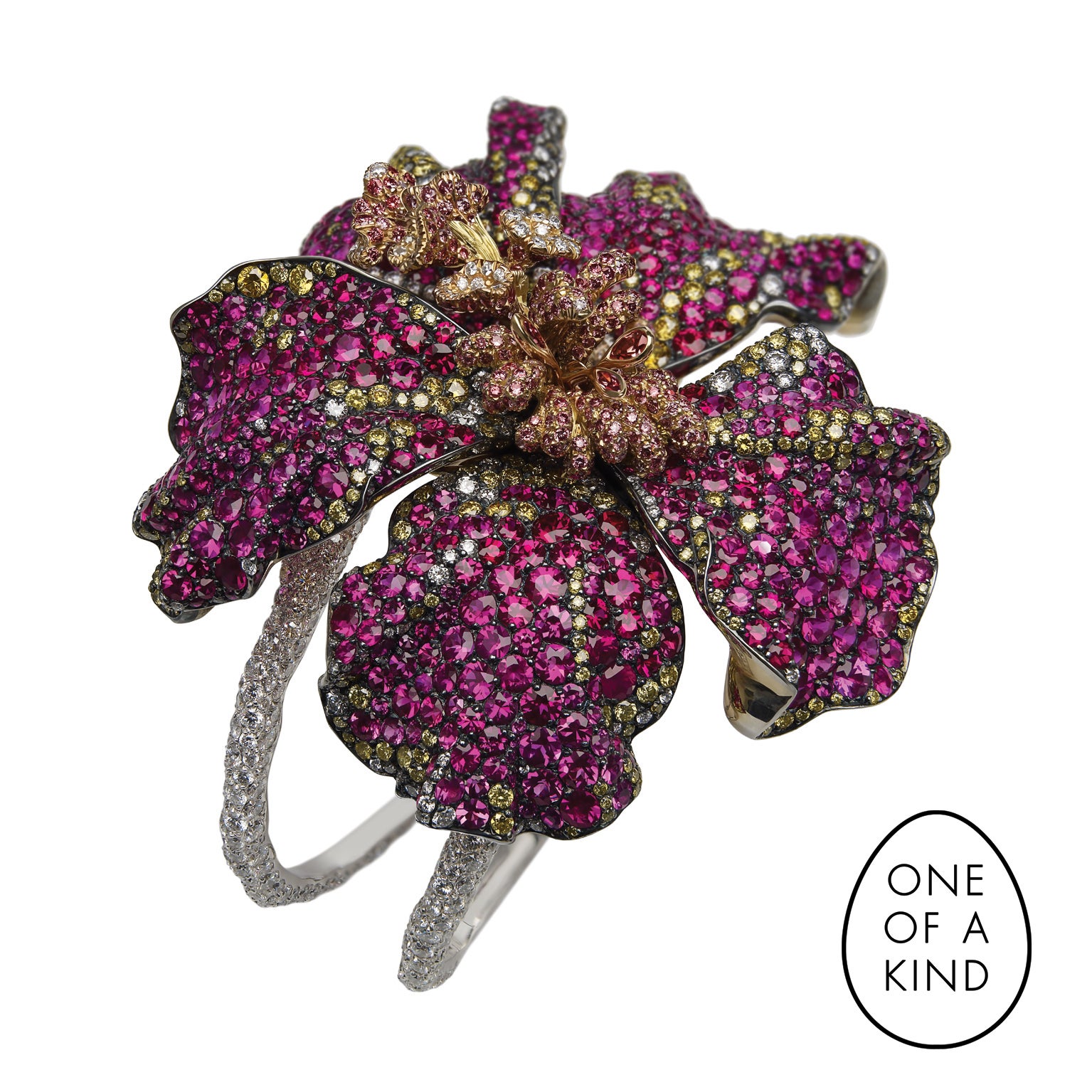 Fabergé Hibiscus Gold & Silver Flower Cuff Bracelet With Rubies & Diamonds For Sale