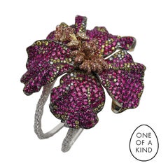 Fabergé Hibiscus Gold & Silver Flower Cuff Bracelet With Rubies & Diamonds