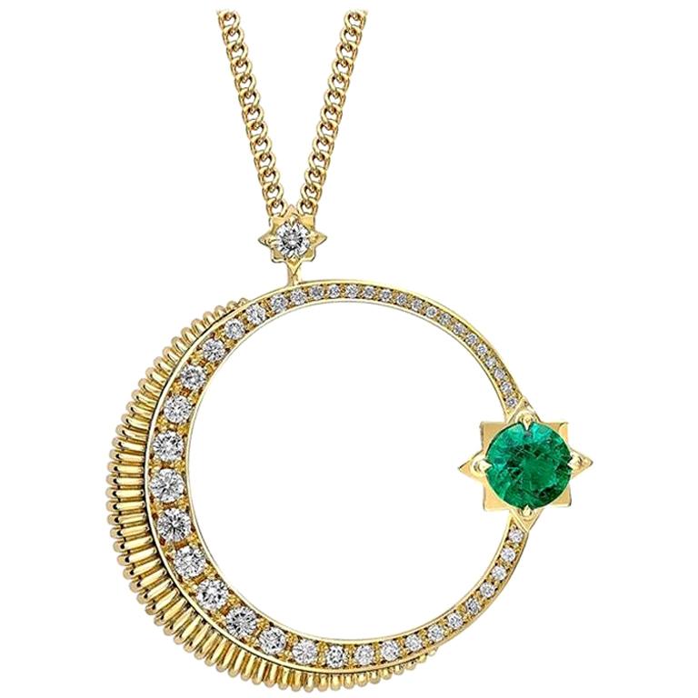 Fabergé Hilal Yellow Gold Crescent & Star Emerald and Diamond Pendant For Sale