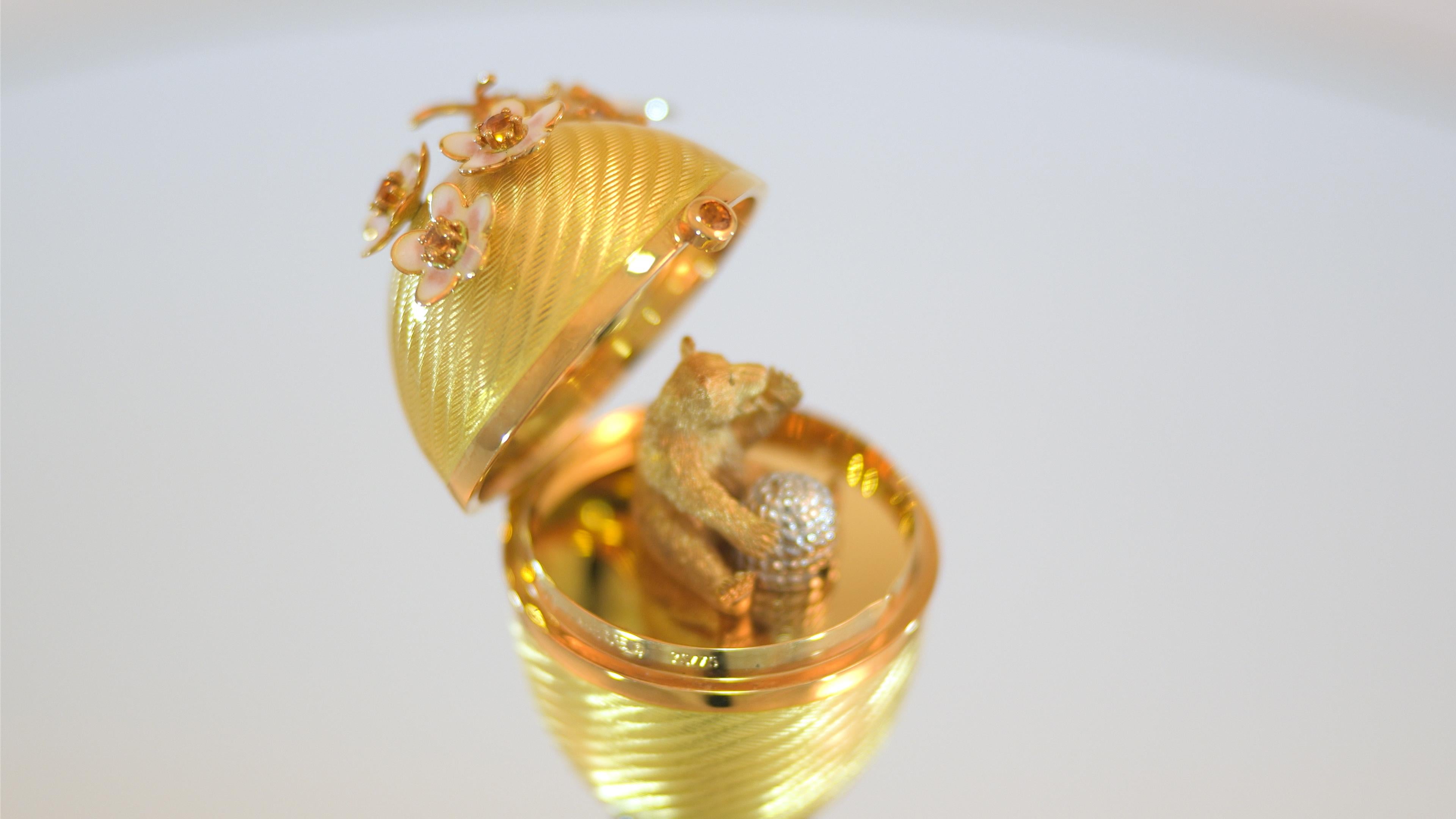 Women's or Men's Fabergé Honey Bear-Egg, 18k Gold, Gold Enamel, Diamonds, Smoky Quartz, Citrines For Sale