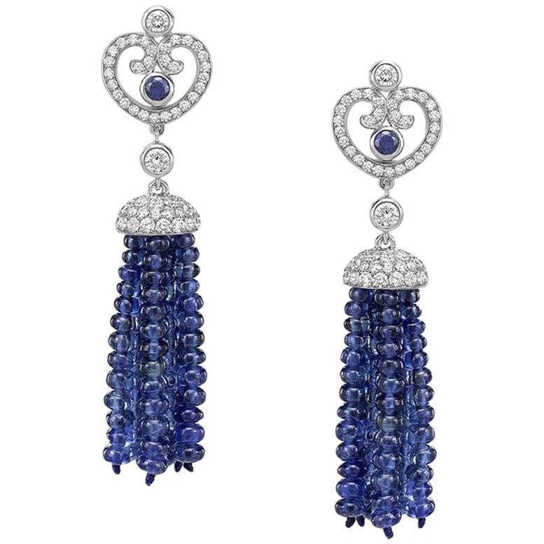 Fabergé Imperial Impératrice White Gold & Blue Sapphire Tassel Earrings For Sale