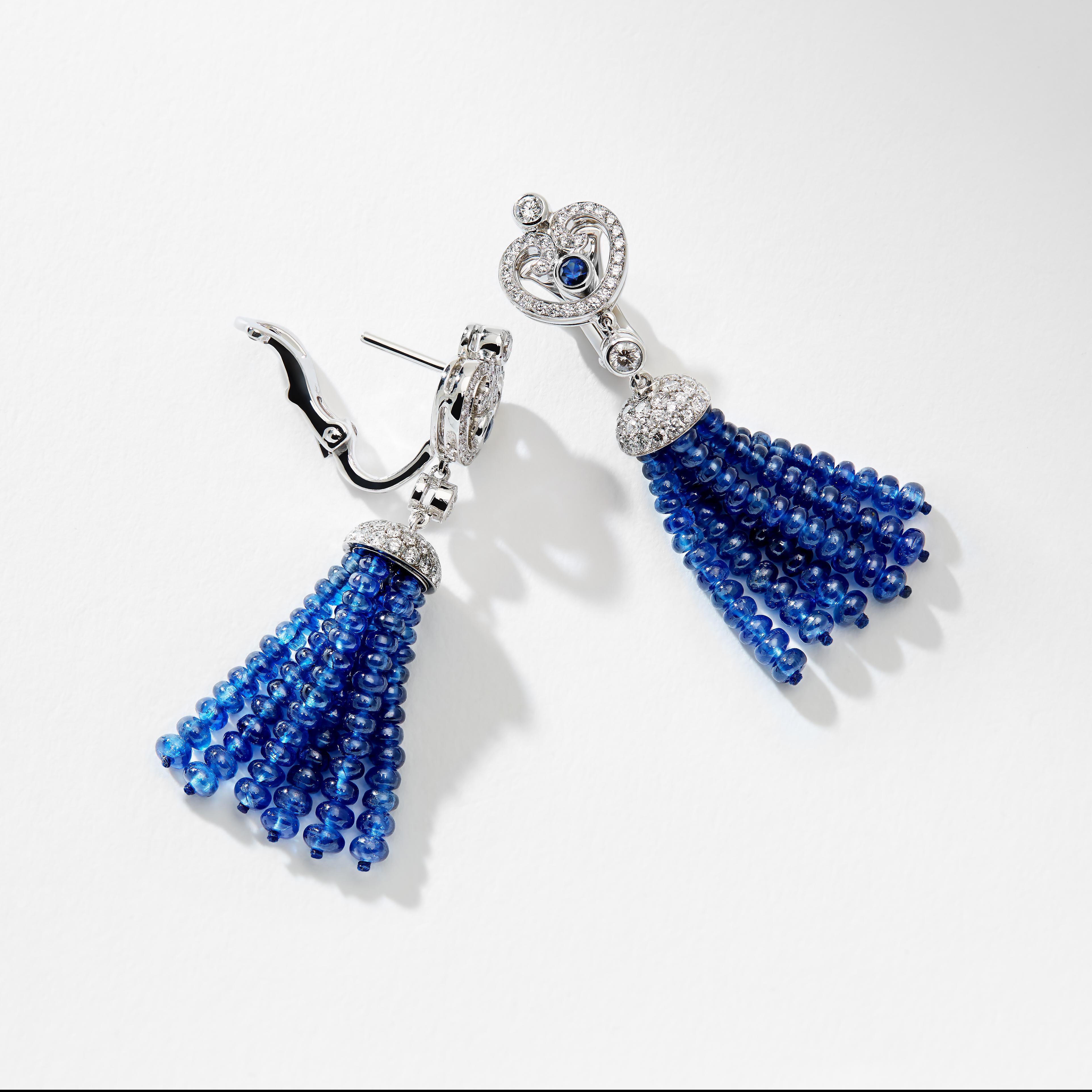 Fabergé Imperial Impératrice White Gold & Blue Sapphire Tassel Earrings In New Condition For Sale In London, GB