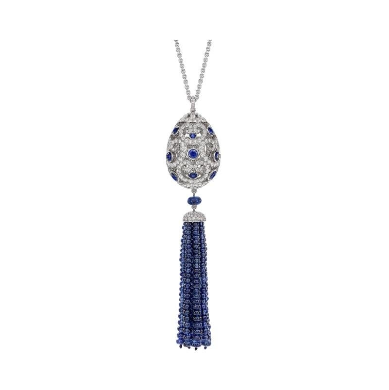 Round Cut Fabergé Imperial Impératrice White Gold & Blue Sapphire Tassel Pendant 159FP1657