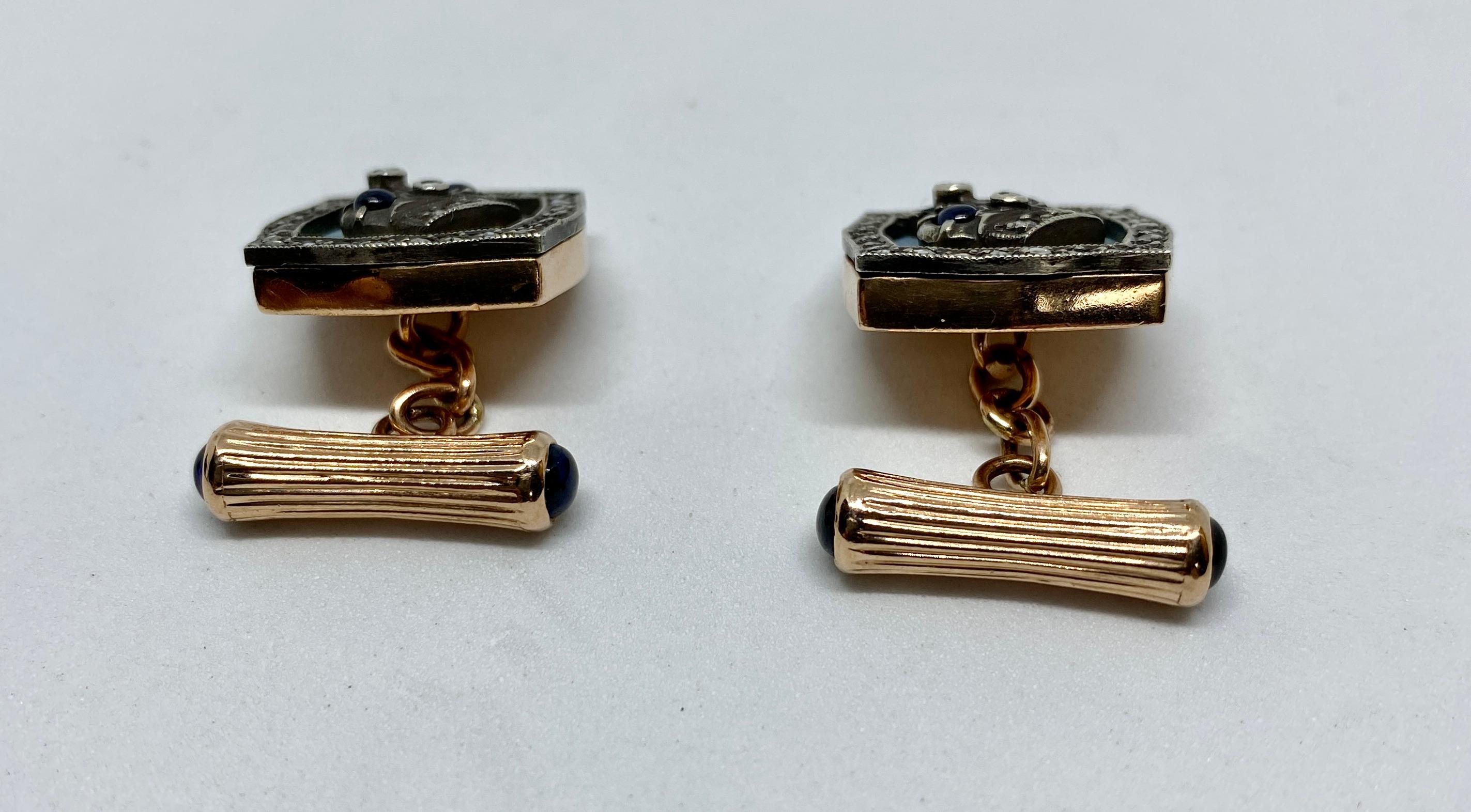 Imperiale russische Manschettenknöpfe aus Gold mit Emaille, Diamanten und Saphiren im Zustand „Gut“ im Angebot in San Rafael, CA