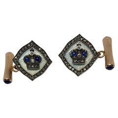 Faberge Imperial Russian Cufflinks in Gold with Enamel, Diamonds and Sapphires