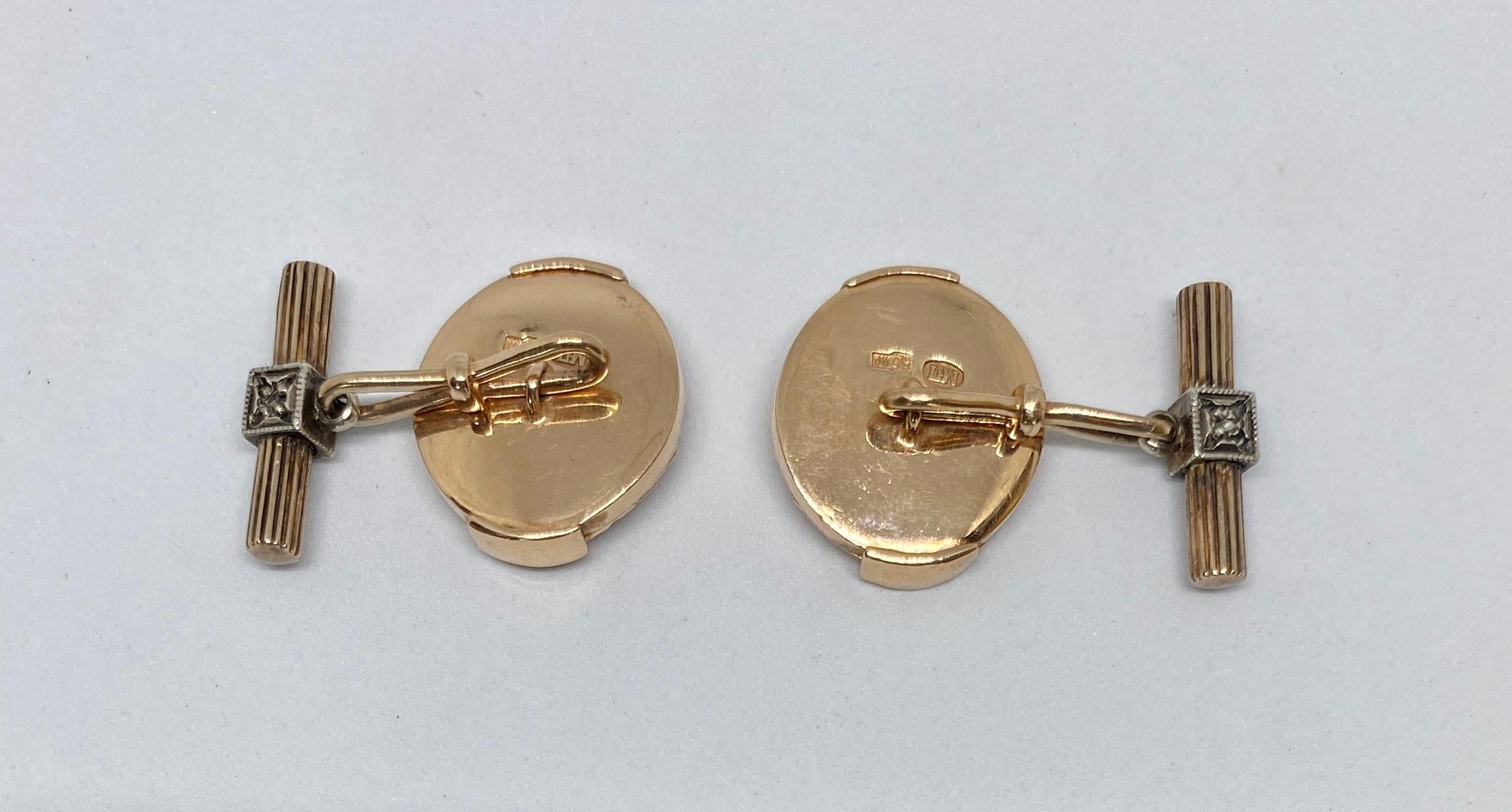 Rose Cut Faberge Imperial Russian Cufflinks in Rose Gold with Diamonds and Blue Enamel