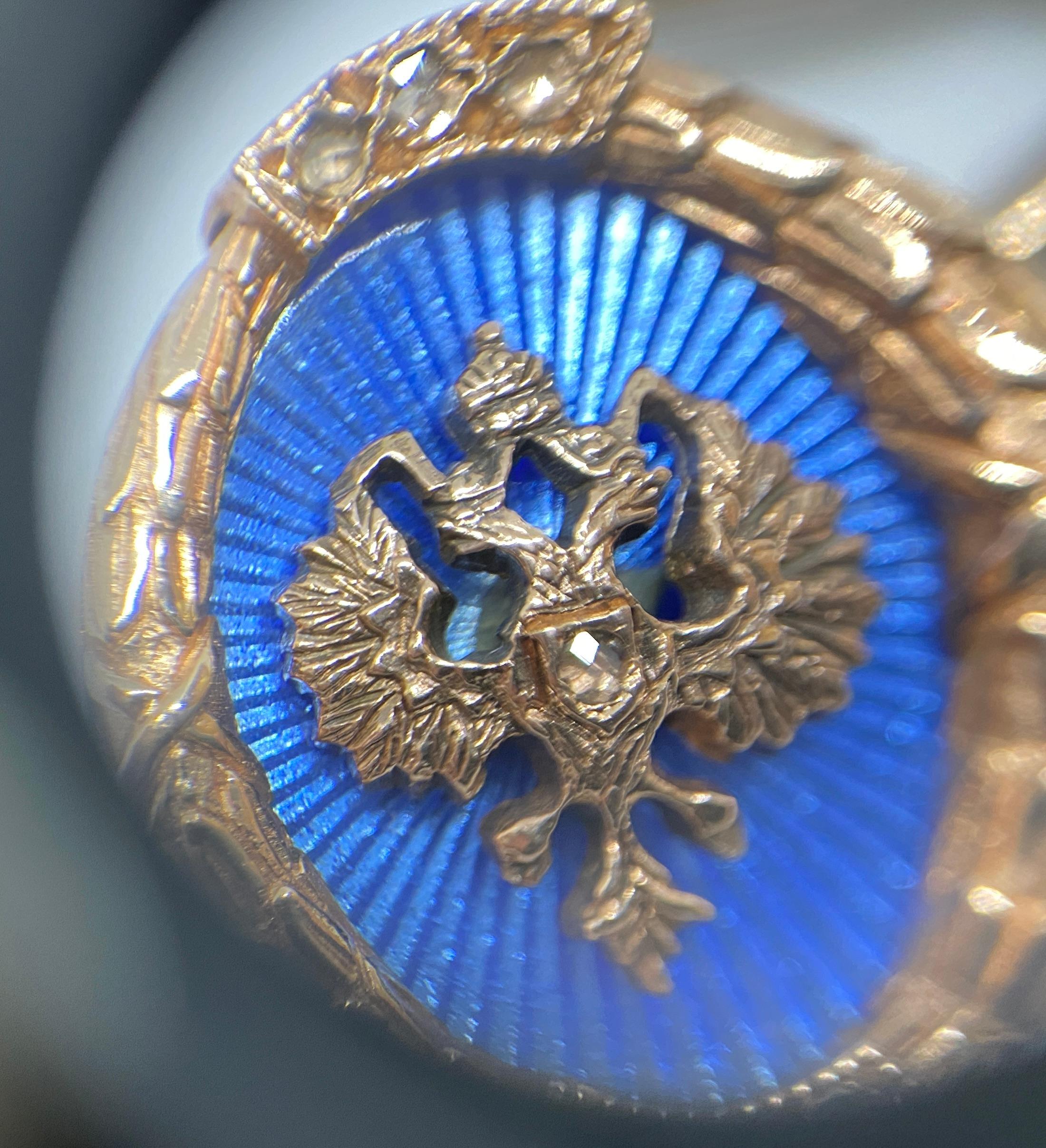 Faberge Imperial Russian Cufflinks in Rose Gold with Diamonds and Blue Enamel 1