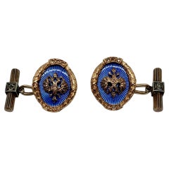 Faberge Imperial Russian Cufflinks in Rose Gold with Diamonds and Blue Enamel