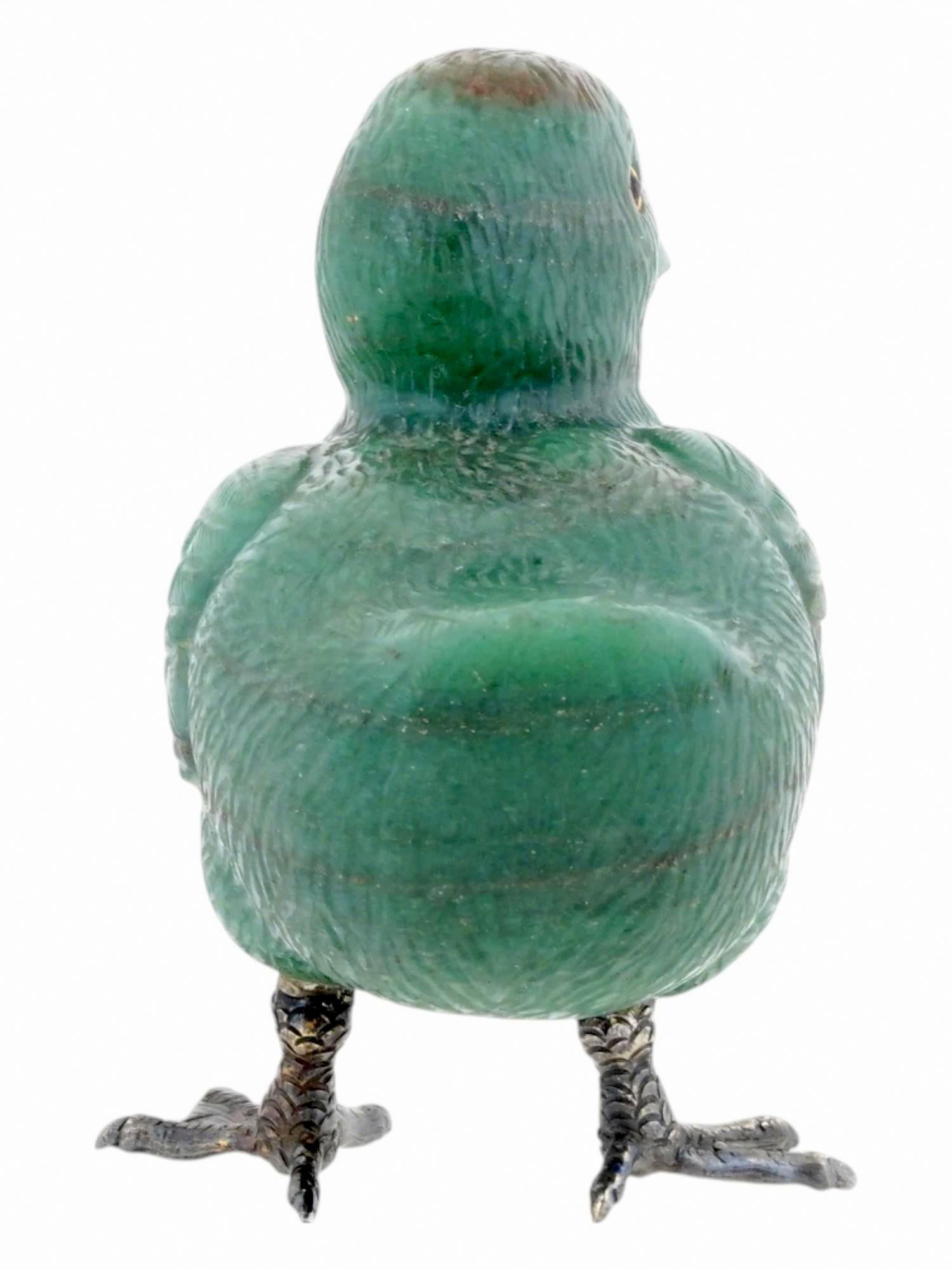Russian Empire Fabergé Imperial Russian Nephrite Duckling with Garnet Eyes and Silver Hallmarks