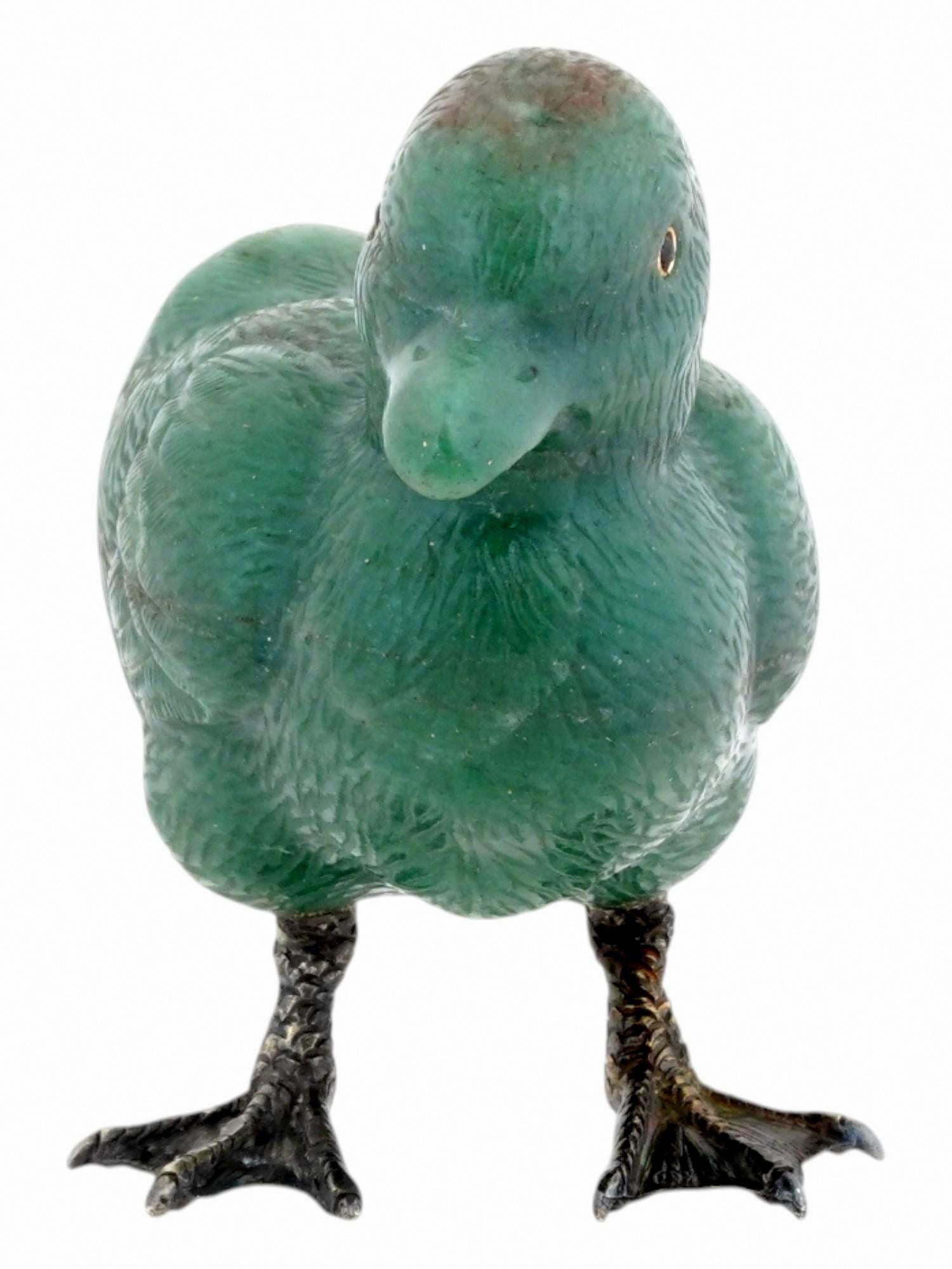 Mixed Cut Fabergé Imperial Russian Nephrite Duckling with Garnet Eyes and Silver Hallmarks