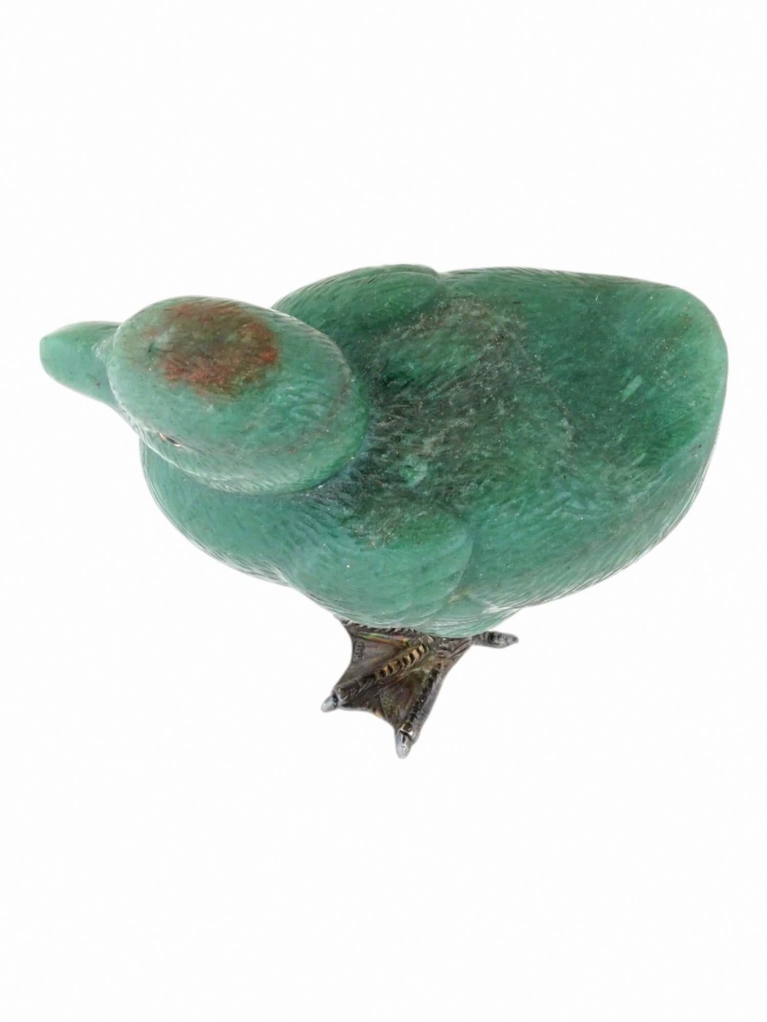 Fabergé Imperial Russian Nephrite Duckling with Garnet Eyes and Silver Hallmarks In Excellent Condition In Chesterland, OH