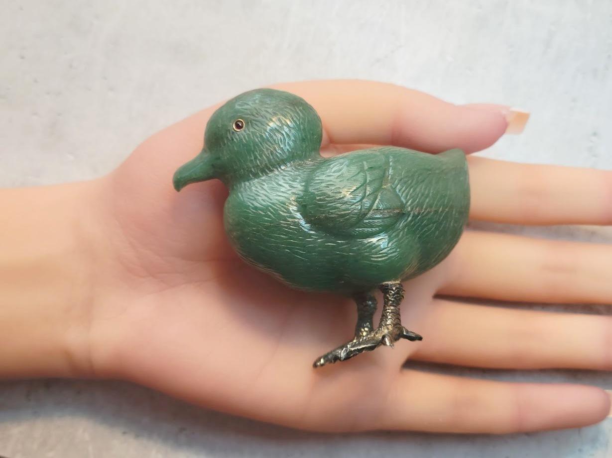 Women's or Men's Fabergé Imperial Russian Nephrite Duckling with Garnet Eyes and Silver Hallmarks