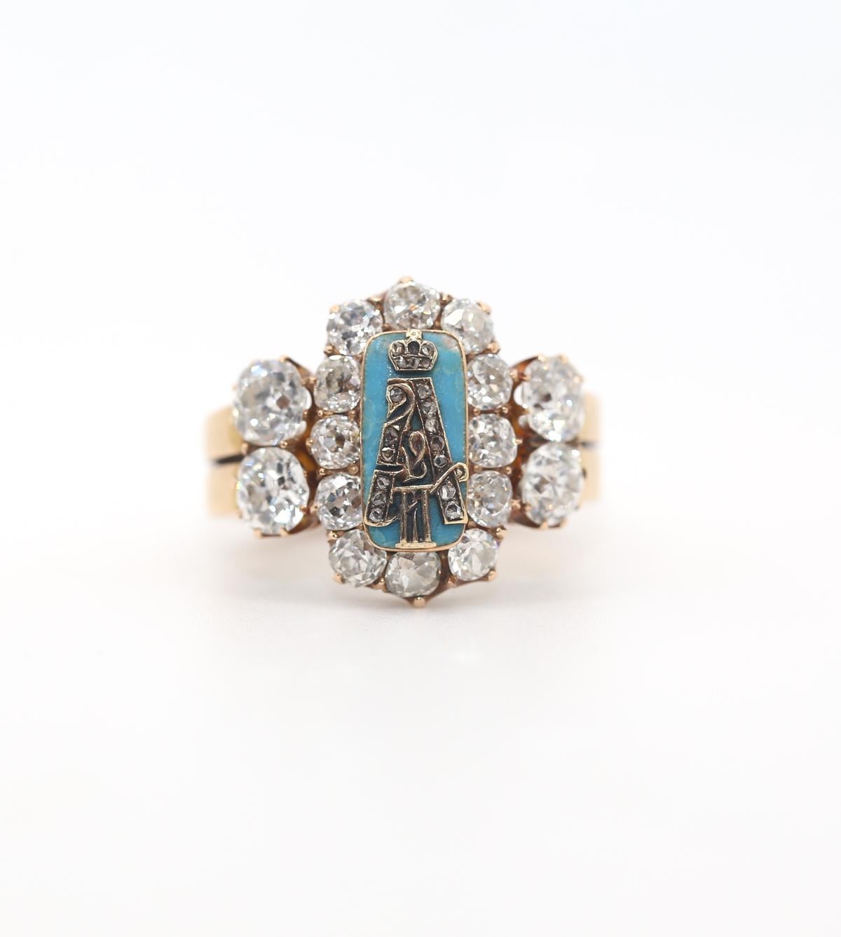 Round Cut Faberge Imperial Russian Ring Diamonds Enamel Presentation Perchin 56 Gold, 1890 For Sale