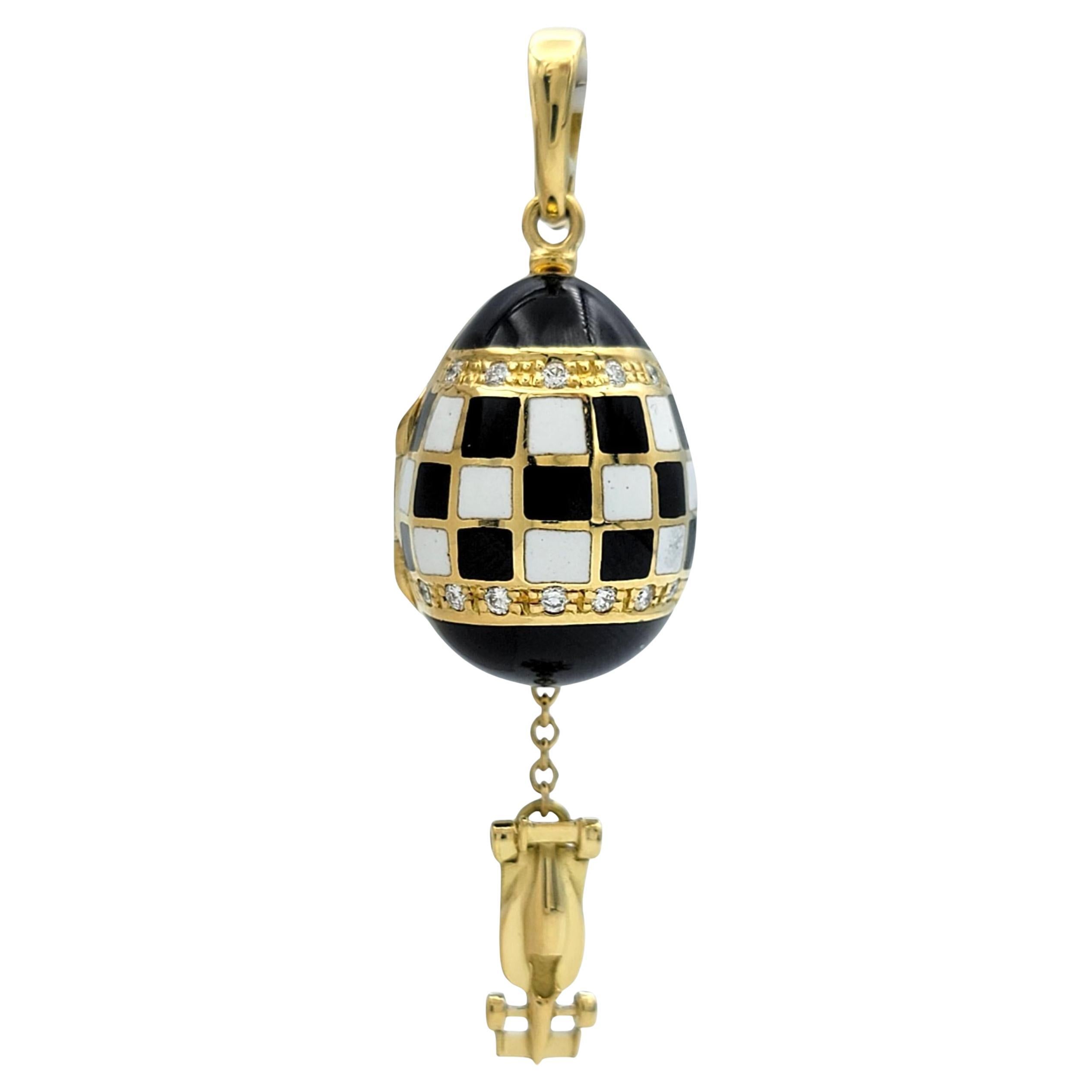 Faberge Indy 500 Checkered Enamel 
Diamond Egg Pendant in 18 Karat Yellow Gold For Sale