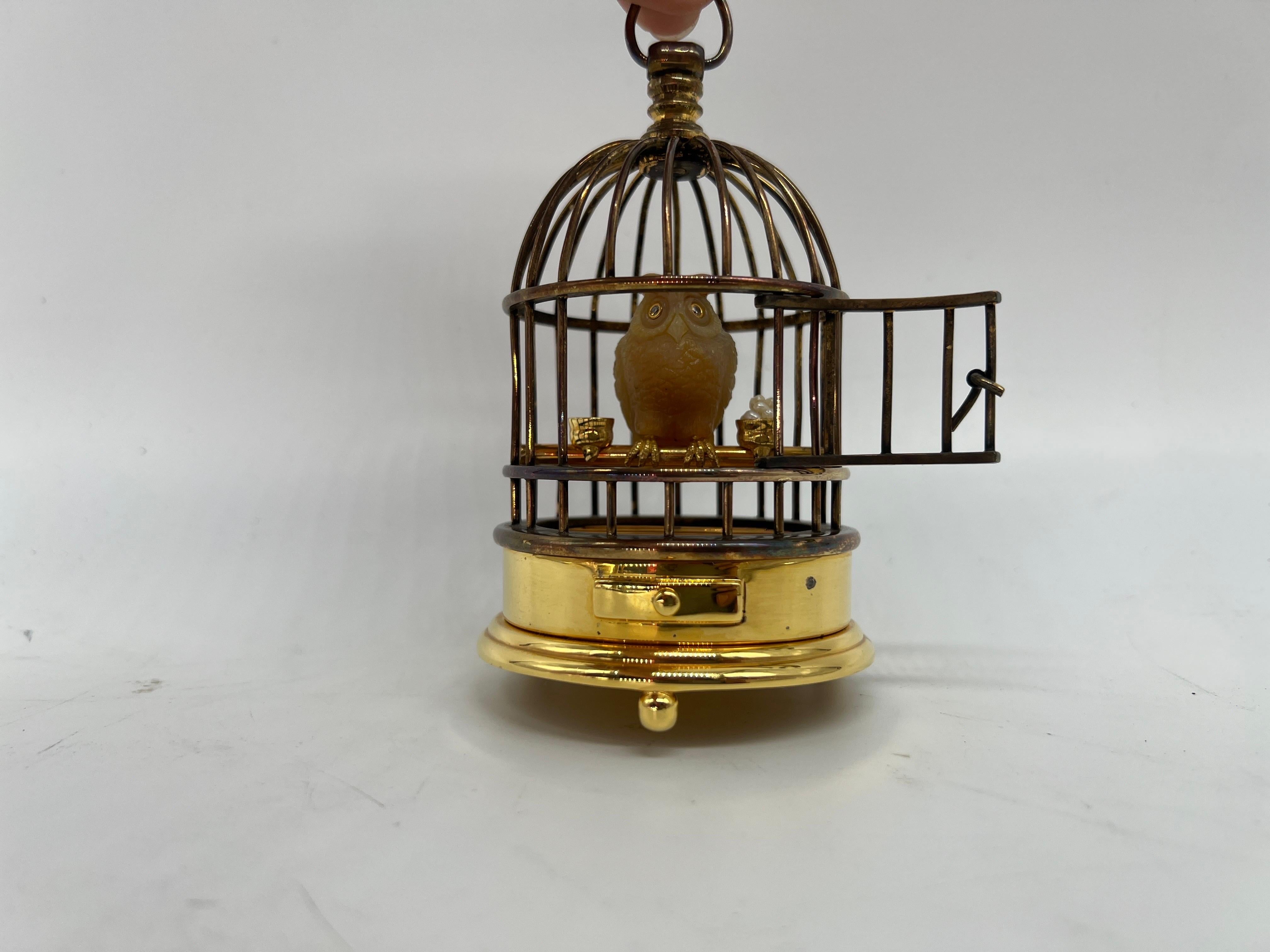 Art Deco Faberge, Jeweled and Silver-Gilt Model of an Owl in a Cage Diamond & Sterling For Sale
