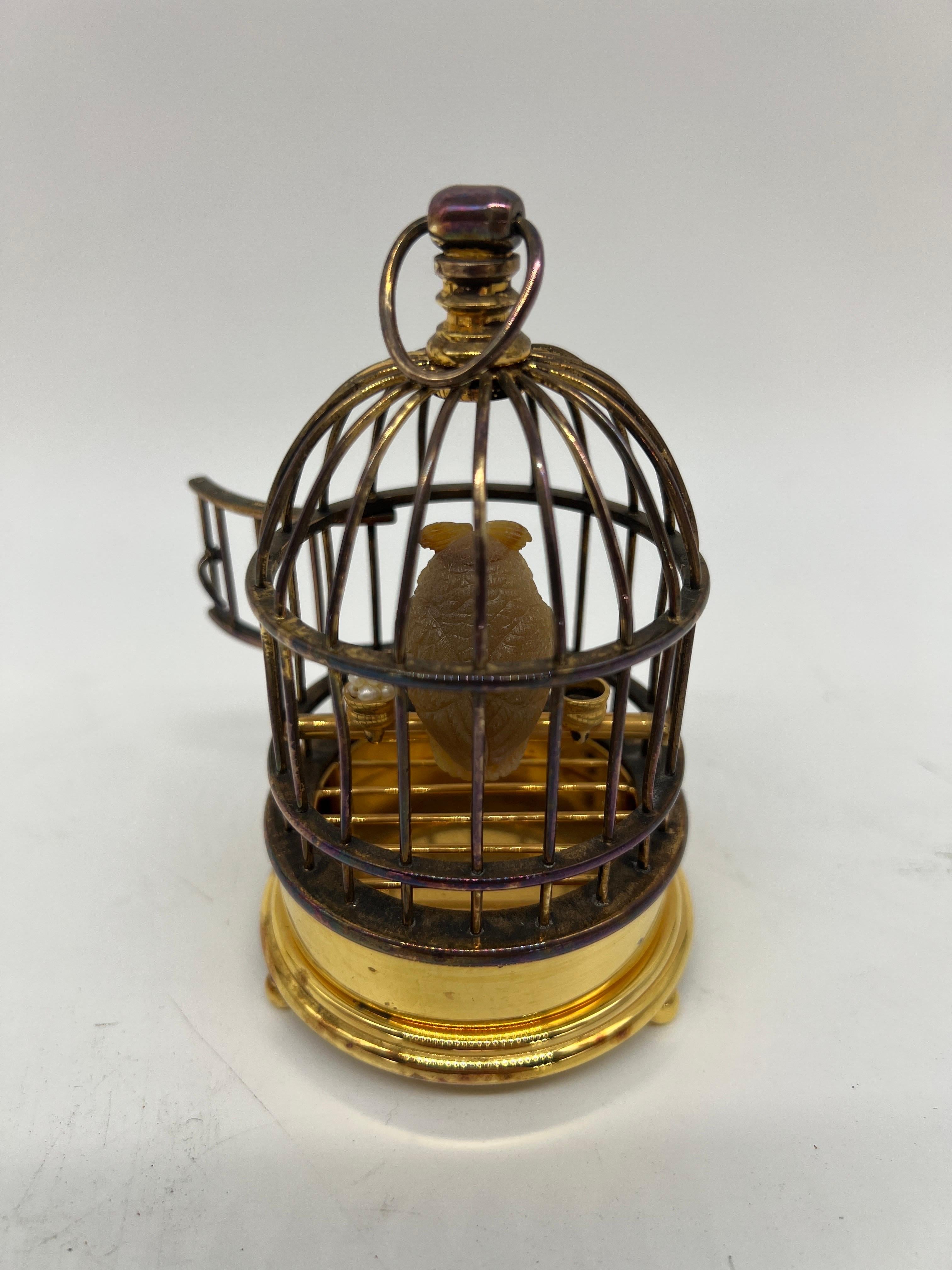 French Faberge, Jeweled and Silver-Gilt Model of an Owl in a Cage Diamond & Sterling For Sale
