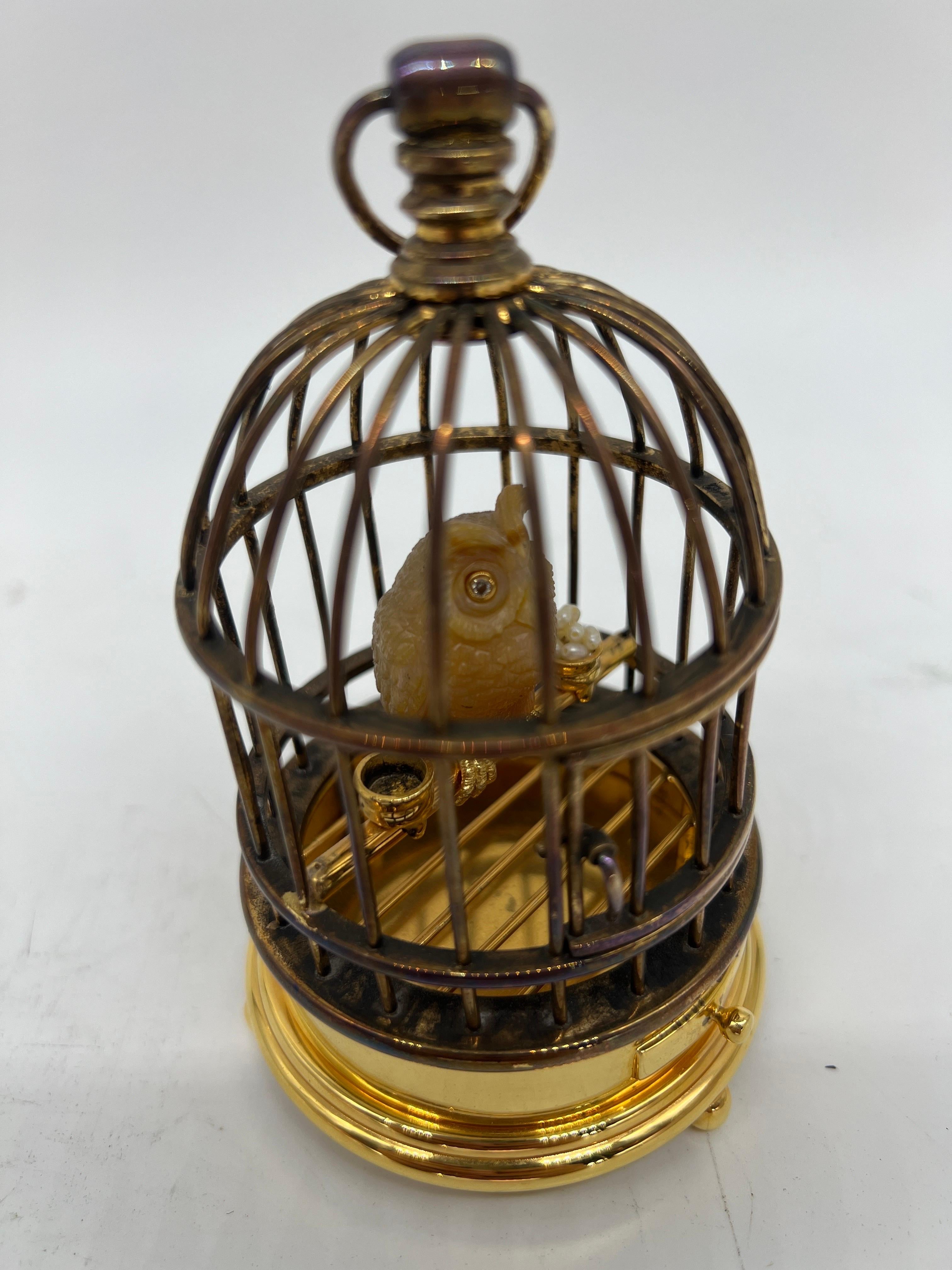 Faberge, Jeweled and Silver-Gilt Model of an Owl in a Cage Diamond & Sterling For Sale 1