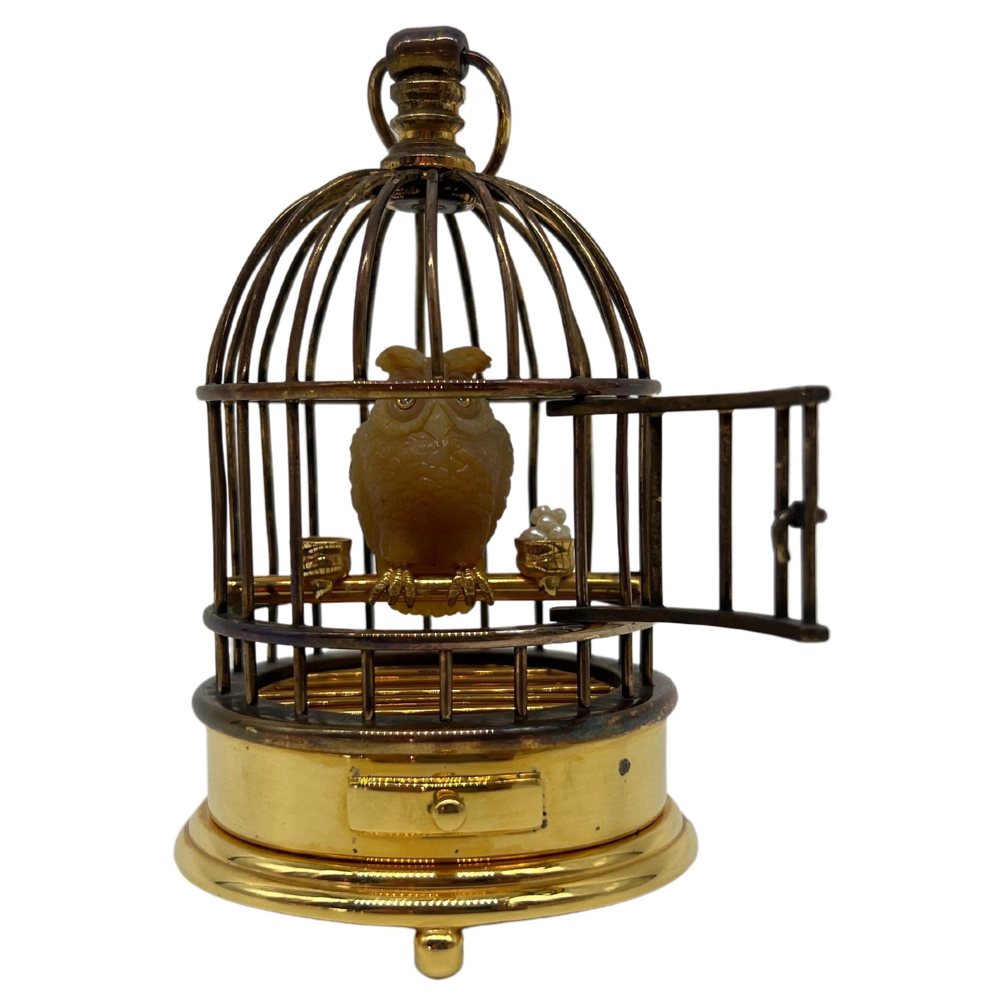 Faberge, Jeweled and Silver-Gilt Model of an Owl in a Cage Diamond & Sterling For Sale