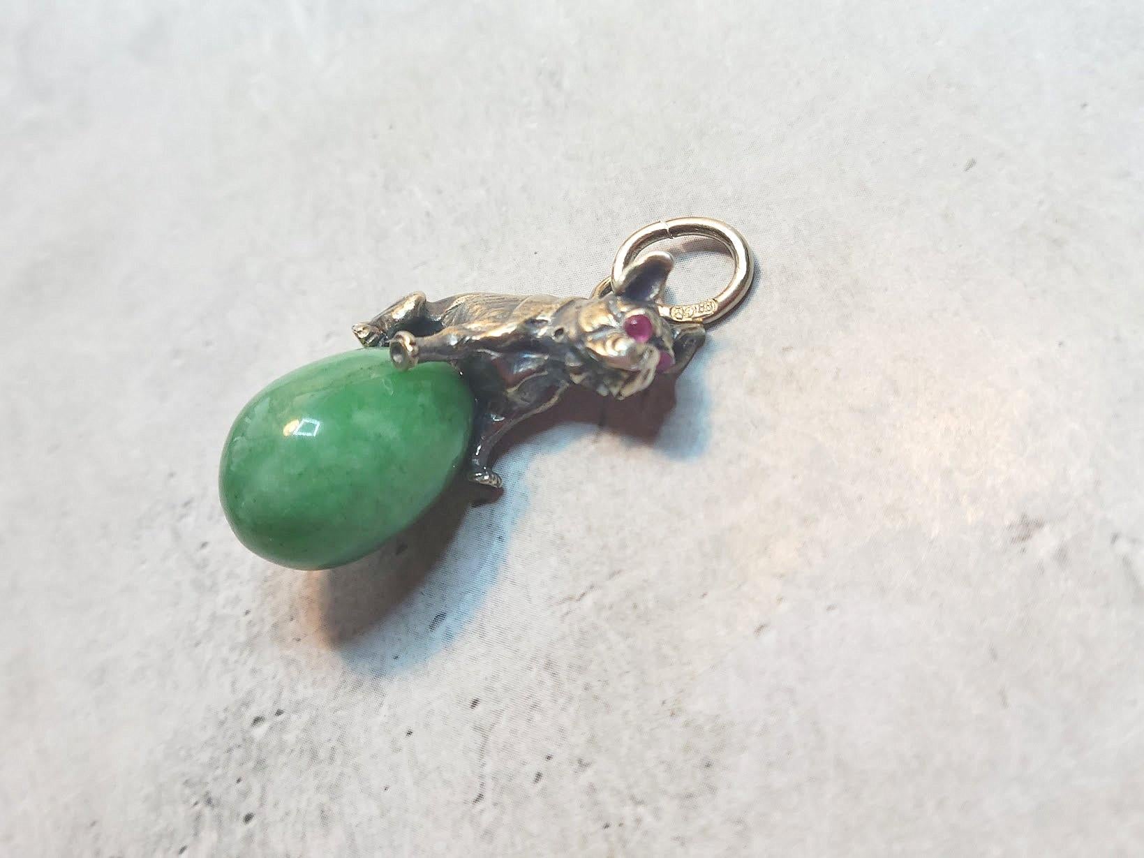 Fabergé Julius Rappoport Jade Egg Pendant with Silver Bulldog and Ruby Eyes In Good Condition In Chesterland, OH