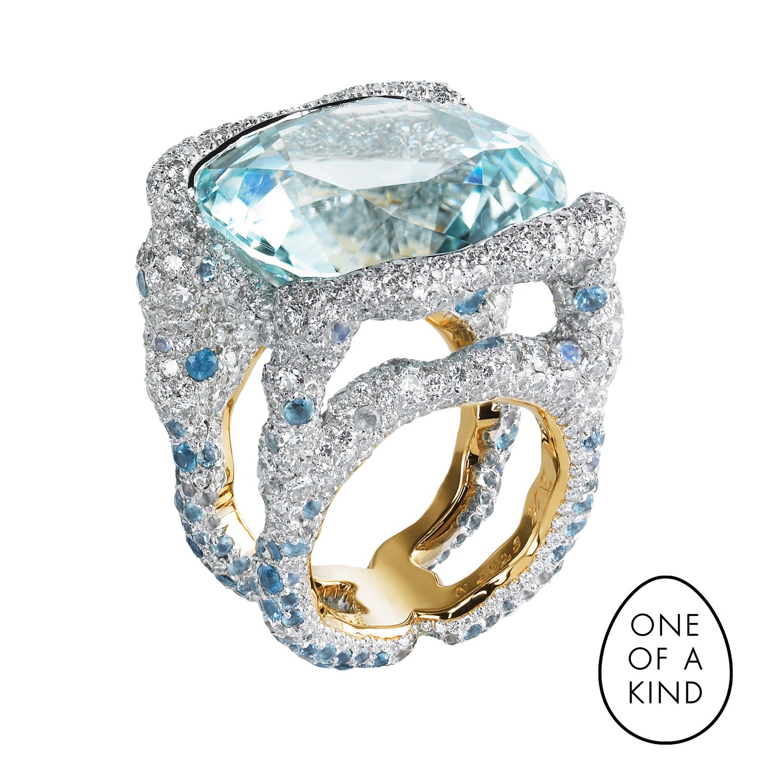 Fabergé Katharina 18K Gold 36ct Blue Tourmaline & Diamond Ring With Aquamarines  For Sale