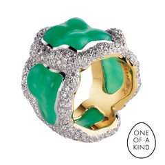 Fabergé Katya 18k White & Yellow Gold Chunky Diamond Ring with Green Chrysoprase