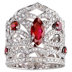 Fabergé Kokoshnik 18K White Gold Ruby & Diamond Set Wide Crown Ring, US Clients
