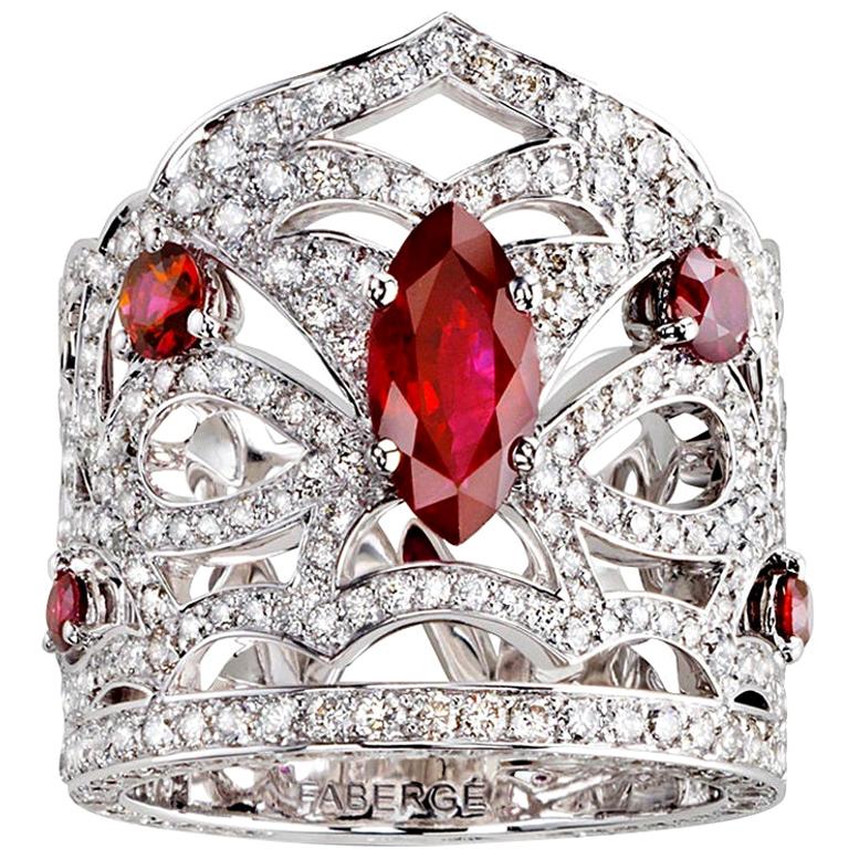 Fabergé Kokoshnik 18K White Gold Ruby & Diamond Set Wide Crown Ring For Sale