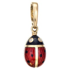 Fabergé Ladybug Egg Pendant 18k Gold Charm Red Enamel Diamond Eyes COA