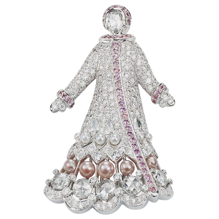 Fabergé Lara à Irkutsk 18K White Gold Diamond Brooch With Sapphires & Pearls For Sale