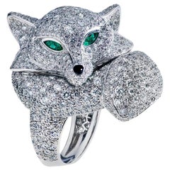 Fabergé Le Renard 18K White Gold Diamond Fox Ring W/ Emerald Eyes, US Clients