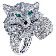 Fabergé Le Renard 18K White Gold Diamond Encrusted Fox Ring With Emerald Eyes