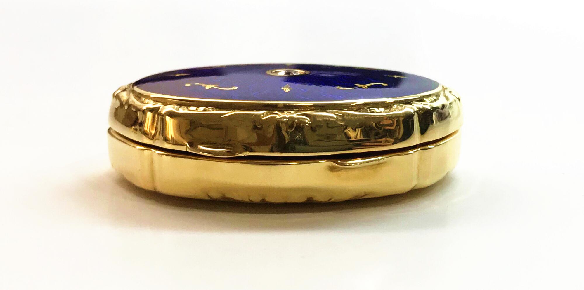 Contemporary Fabergé Limited-Edition Yellow Gold Blue Enamel Diamond Pillbox For Sale