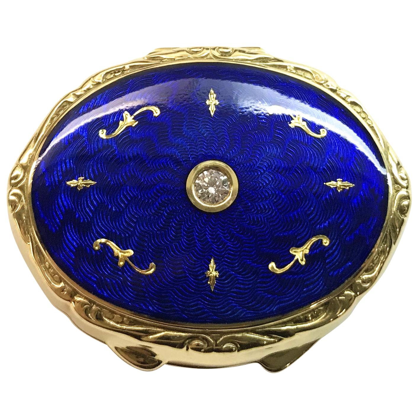Fabergé Limited-Edition Yellow Gold Blue Enamel Diamond Pillbox For Sale