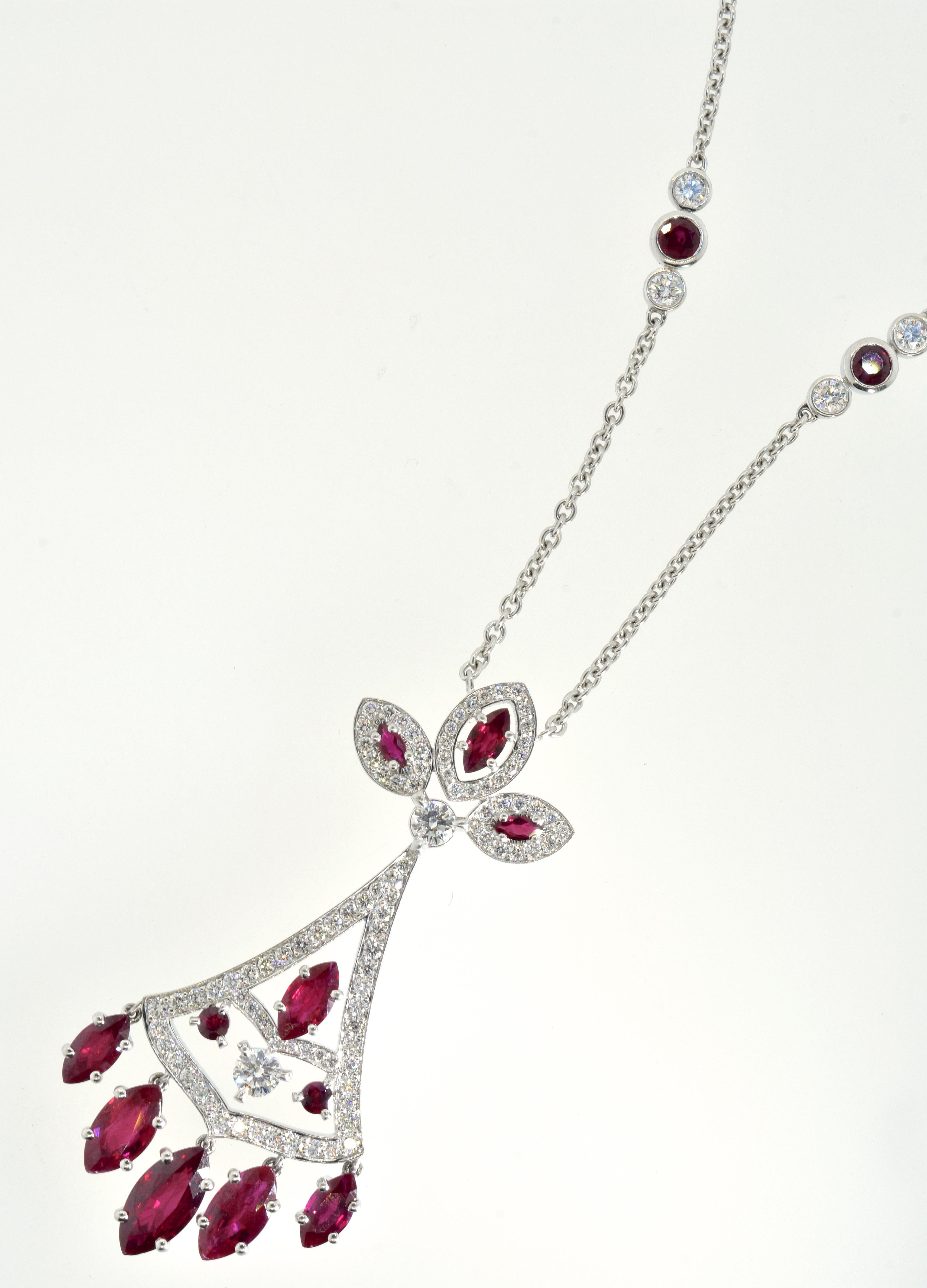 Burma rubies all well matched, bright pure red color and clean with an approximate weight of 6 cts. There are 116 well matched diamonds - all colorless to near colorless (F/G), and very very slightly included.  The estimated diamond weight is 4.5