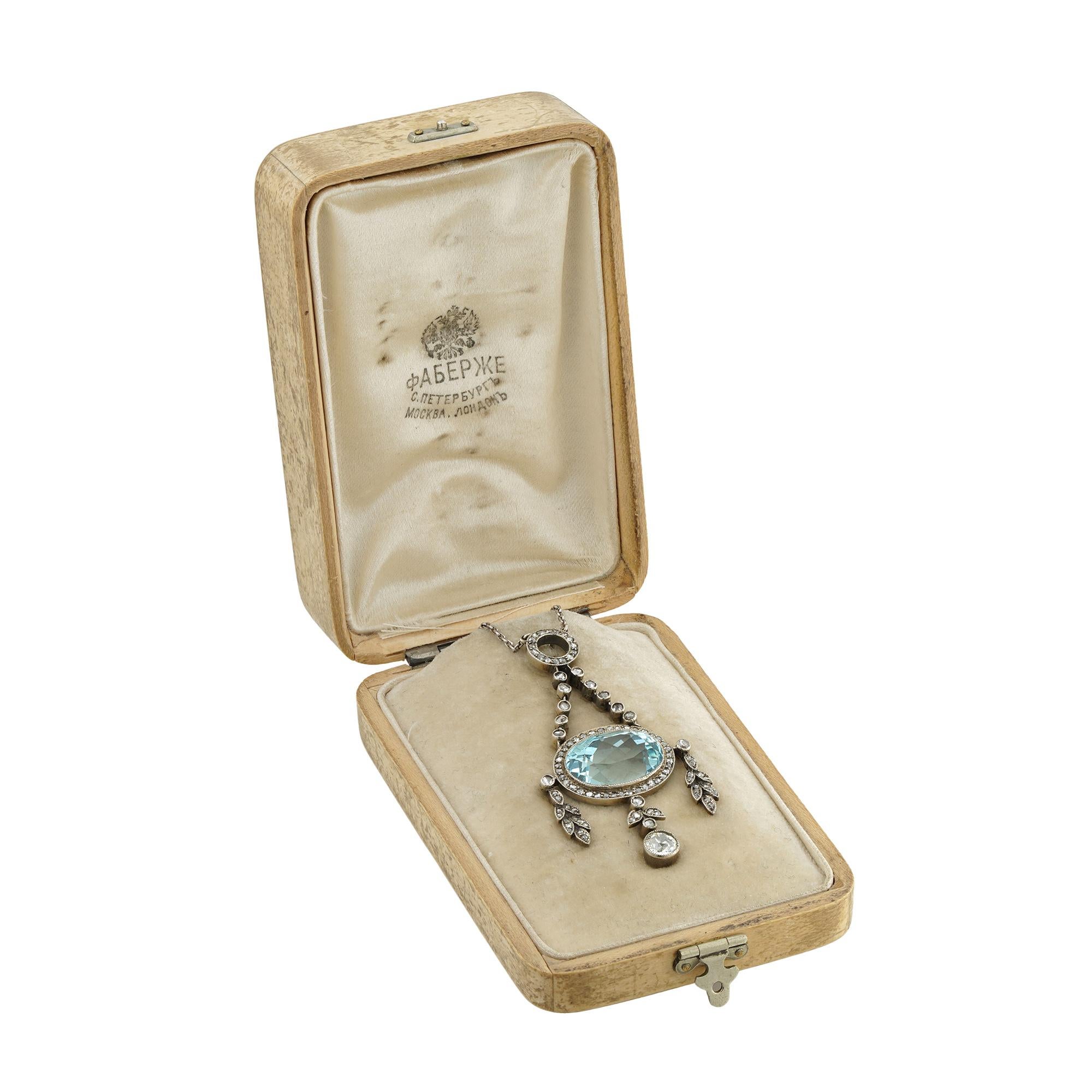 Victorian Fabergé Oval Cut Aquamarine Diamond Platinum Gold Pendant Necklace