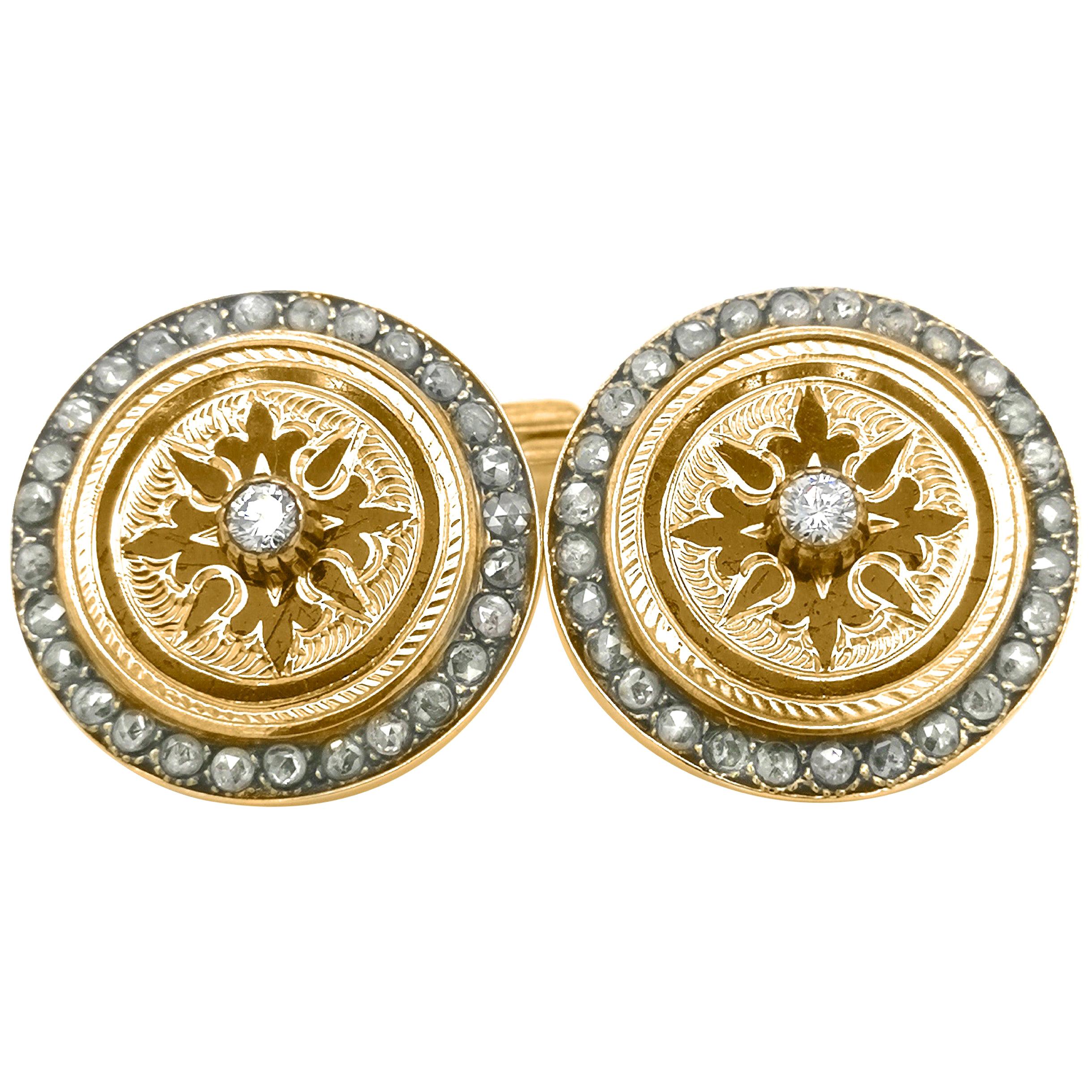 Fabergé, Pair of 14 Karat Yellow Gold Cufflinks with Diamond