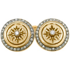 Antique Fabergé, Pair of 14 Karat Yellow Gold Cufflinks with Diamond