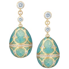 Fabergé Palais 18K Gold Diamond Drop Earrings w/ Turquoise Guilloché, US Clients