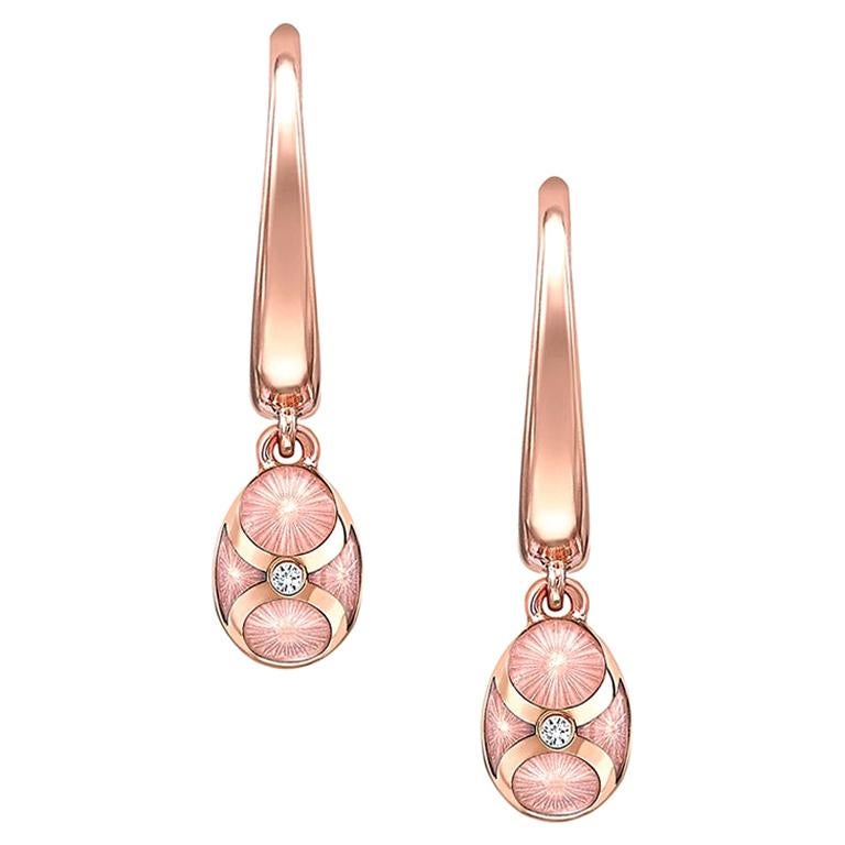 Fabergé Palais 18K Rose Gold Diamond Hoop Drop Earrings With Pink Guilloché  For Sale
