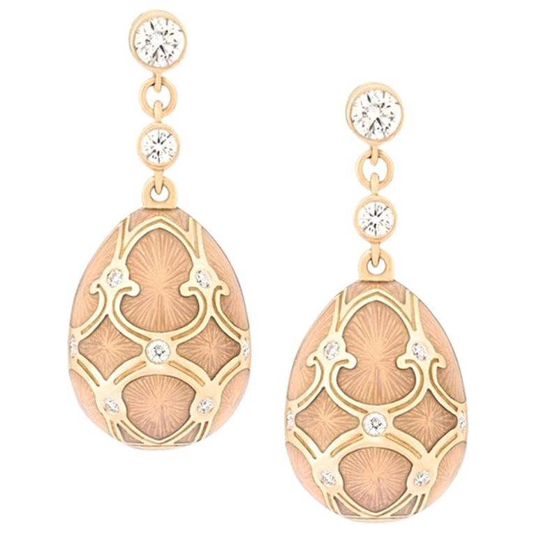Fabergé Palais 18K Yellow Gold Diamond Drop Earrings With Opalescent Guilloché For Sale