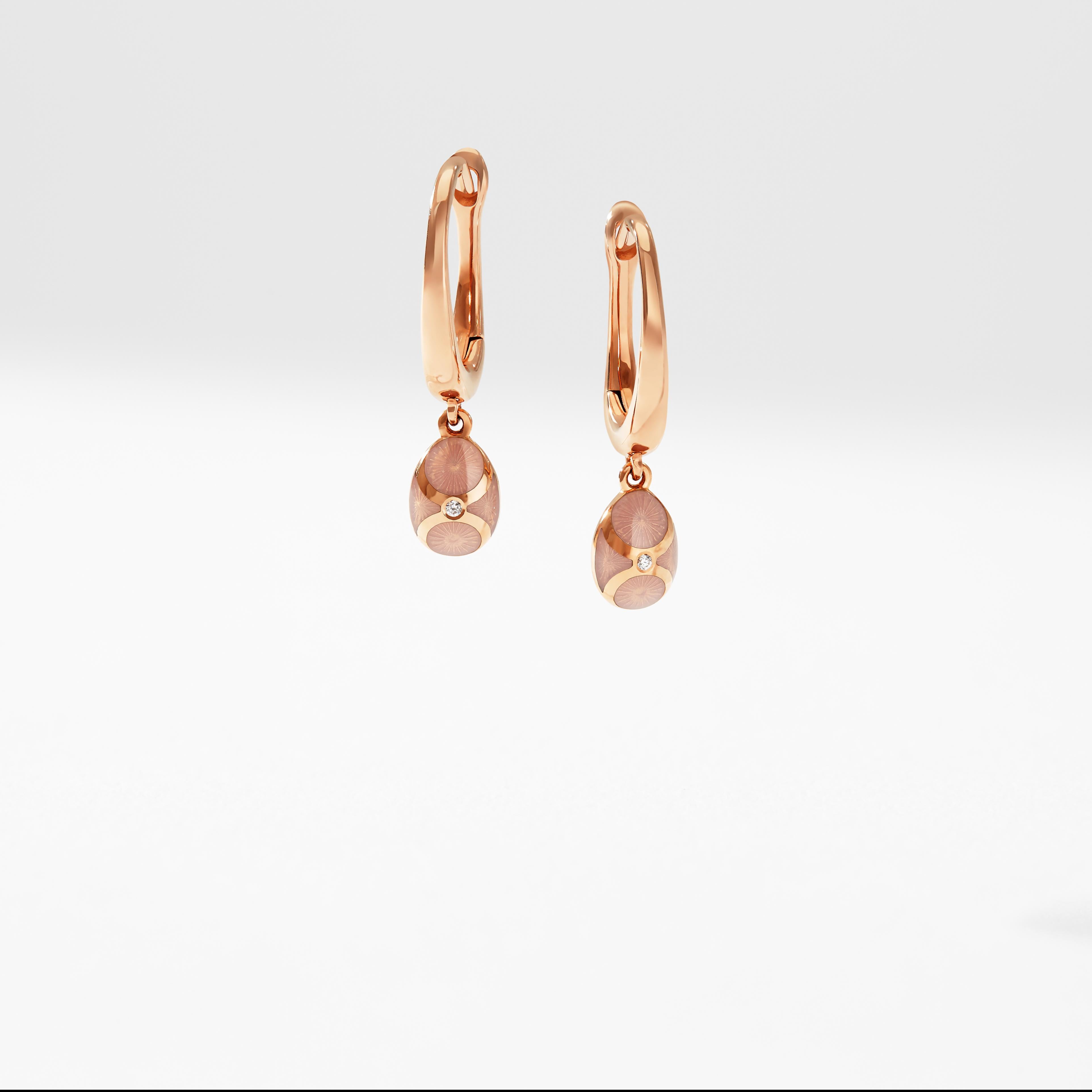 Brilliant Cut Fabergé Palais 18K Rose Gold Diamond Hoop Drop Earrings With Pink Guilloché  For Sale
