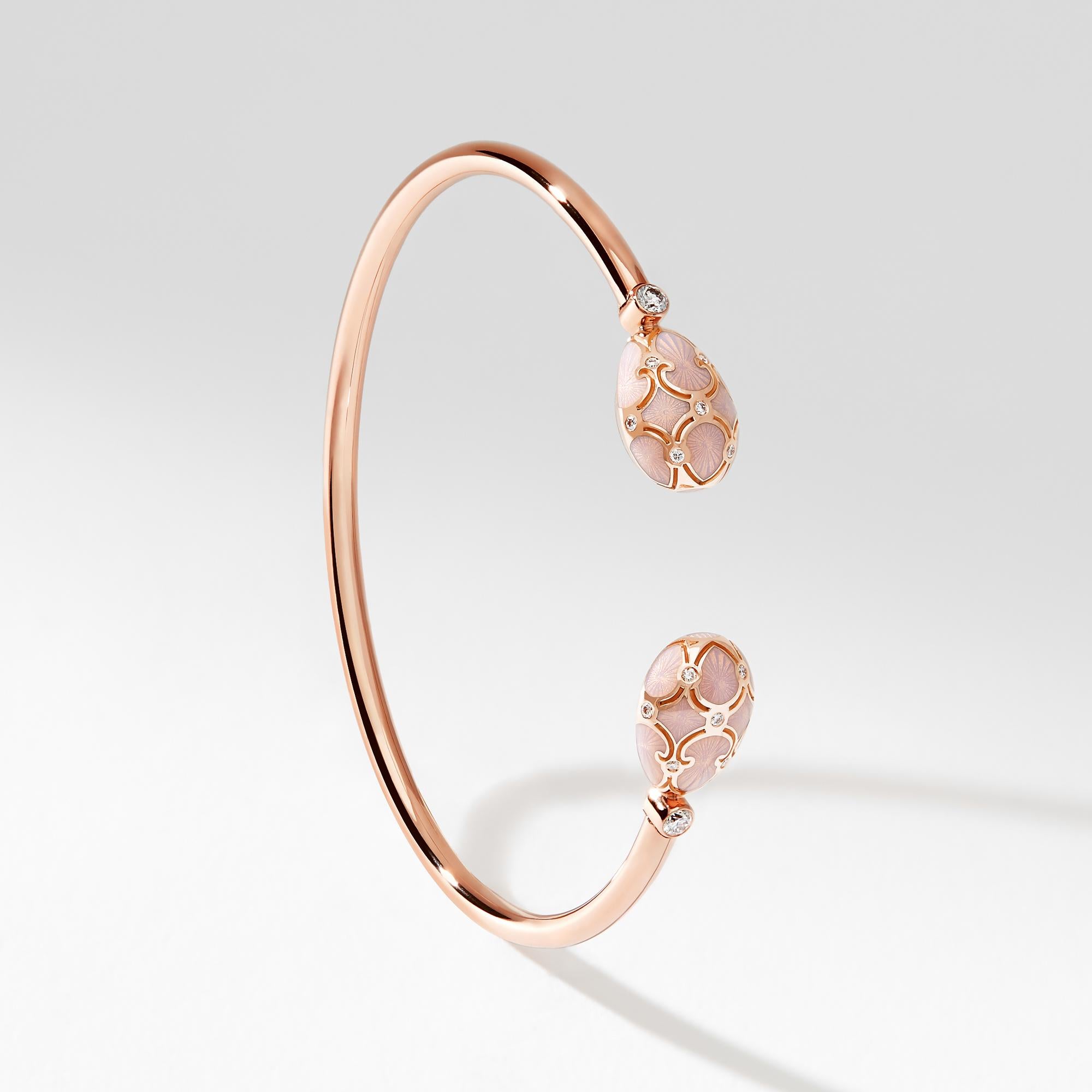 Brilliant Cut Fabergé Palais 18K Rose Gold Diamond Open Bracelet With Pink Enamel For Sale