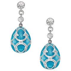 Fabergé Palais 18K White Gold Diamond Drop Earrings With Teal Guilloché Enamel