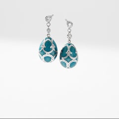 Fabergé Palais 18K White Gold Diamond Drop Earrings With Teal Guilloché Enamel