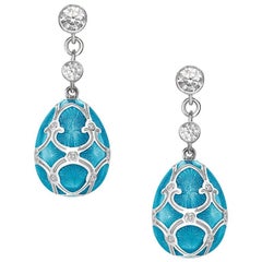 Fabergé Palais 18K White Gold Diamond Drop Earrings W/ Teal Guilloché US Clients