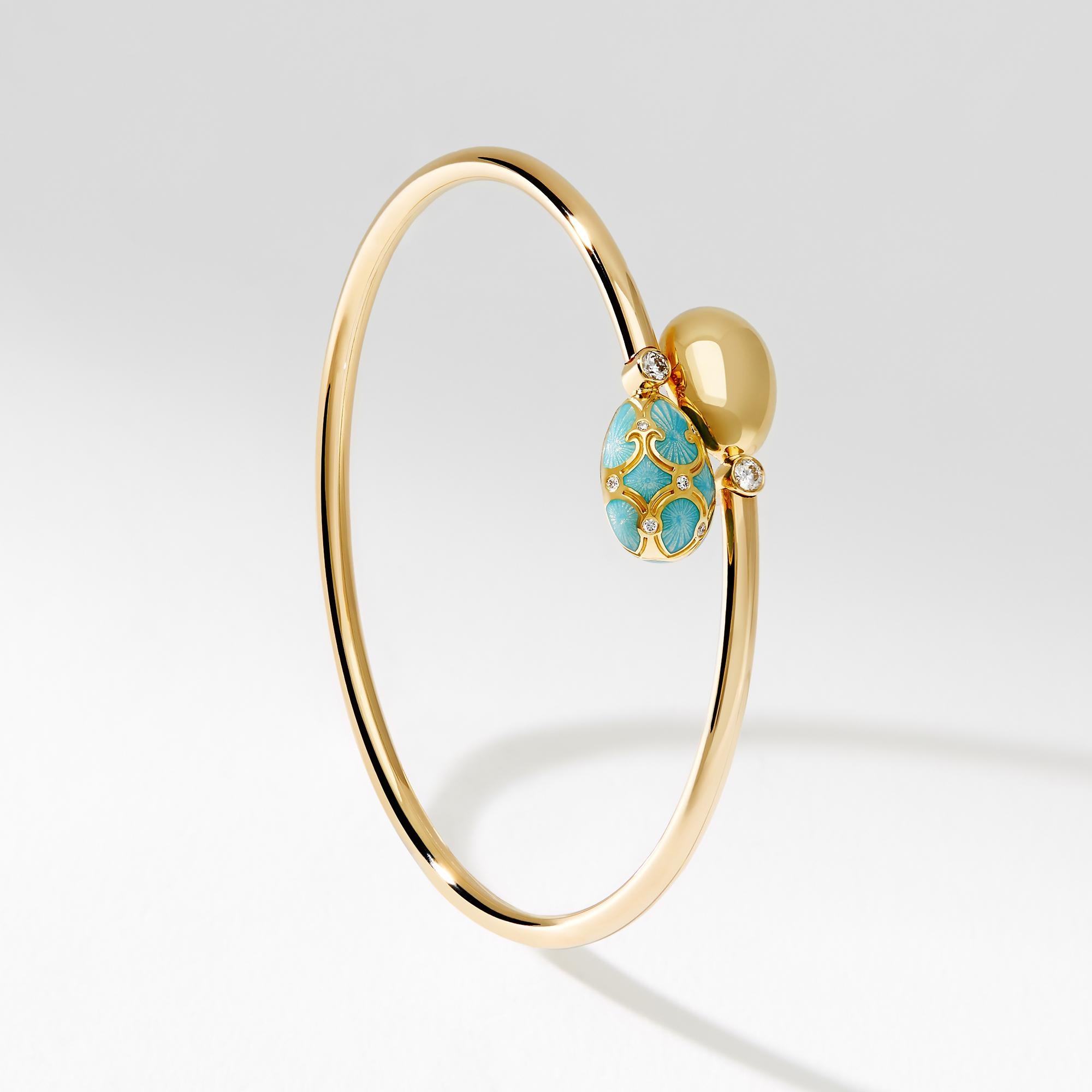 Round Cut Fabergé Palais 18K Yellow Gold Diamond Crossover Bracelet With Turquoise Enamel For Sale