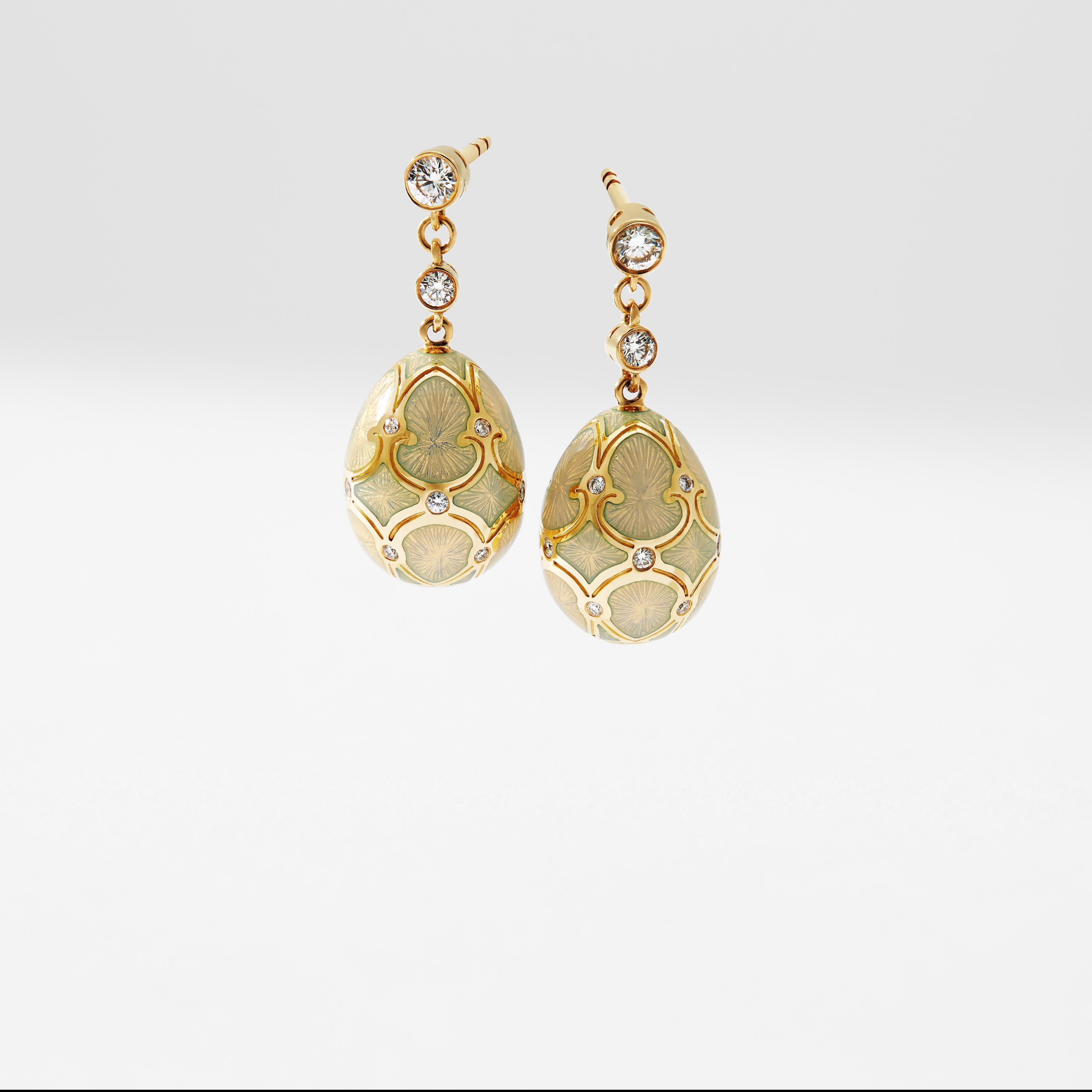Round Cut Fabergé Palais 18K Yellow Gold Diamond Drop Earrings With Opalescent Guilloché For Sale