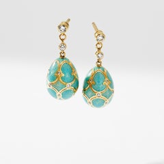 Fabergé Palais 18K Yellow Gold Diamond Earrings With Turquoise Guilloché Enamel